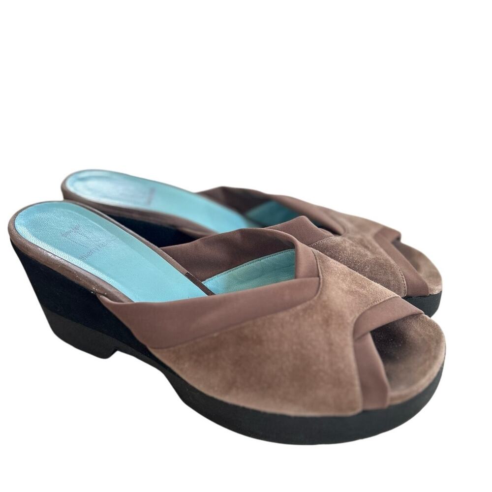 Thierry Rabotin Brown Suede & Fabric Wedge Peep Toe Sandal